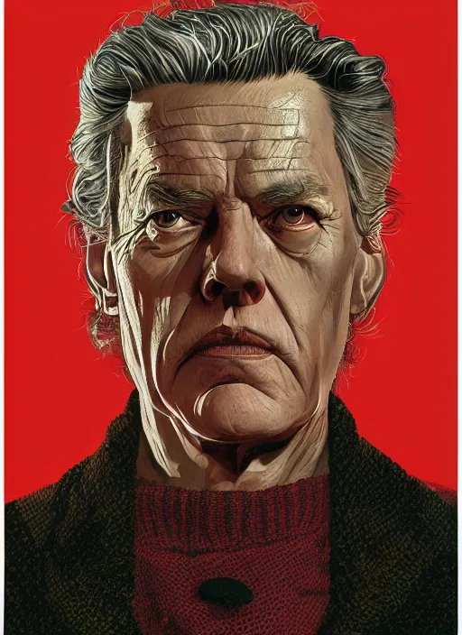 Prompt: twin peaks poster artwork by michael whelan and tomer hanuka, rendering of close up portrait, old woman, snake scale pattern on sweater vest, full of details, by makoto shinkai and thomas kinkade, matte painting, trending on artstation and unreal engine