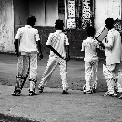 Image similar to four guys playing a game of cricket, on an indian street, award winning image, national geographic, dslr 3 0 mm image, black and white, wow, gorgeous