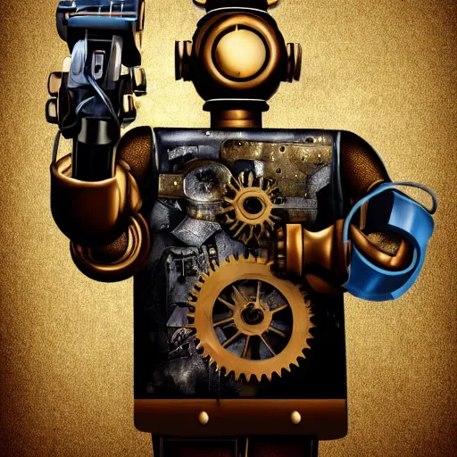 Prompt: a portrait of a robot holding a revolver, steampunk, holographic
