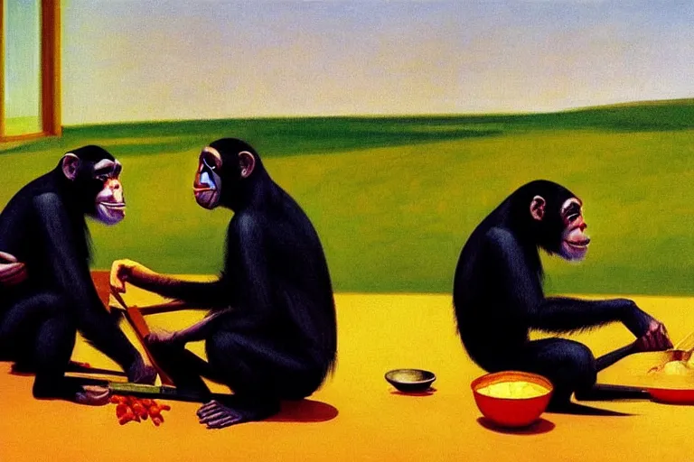 Image similar to a highly detailed painting of chimpanzees cooking lentil dhaal, by Edward hopper