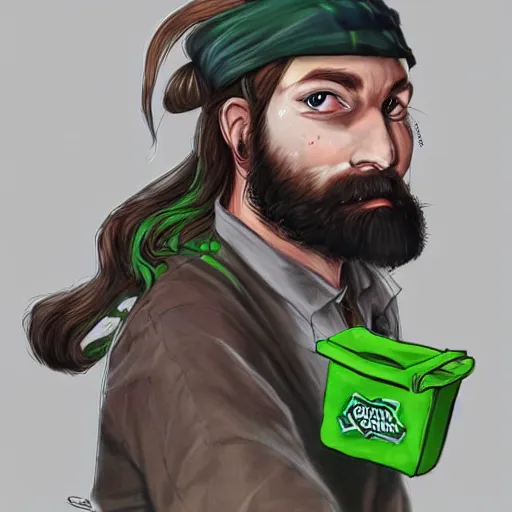 Image similar to a bearded and long haired bicycle food delivery worker with a green bag on his back in ireland, he has boots, by Artgerm, fantasy epic digital art, trending on Artstation