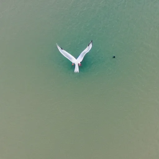 Image similar to simmetrical photo of a seagull flying seen exactly from above. Watching down. Seagull seen from above. 4k still award winning. Pleasant look and colors. Sea on the background.