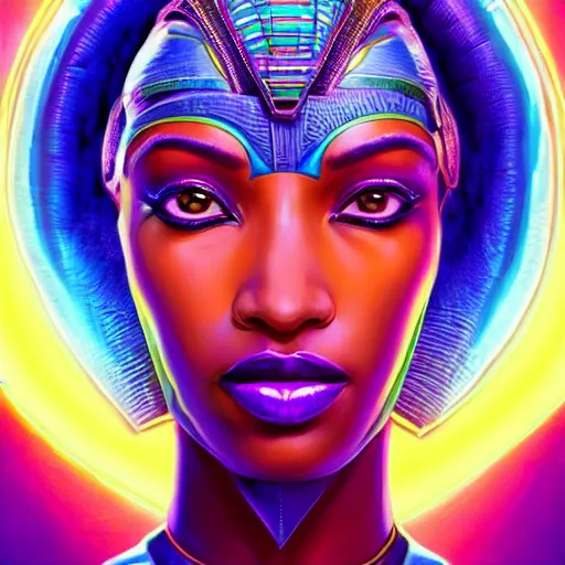 Prompt: african neon egyptian goddess, science fiction, highly detailed, digital painting, beautiful eyes, symmetry, concept art, sharp focus, volumetric lighting, illustration, global illumination, radiant light, synthwave colors, detailed and intricate environment, art by artgerm and greg rutkowski and magali villeneuve and ilya kuvshinov!