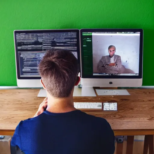 Image similar to caucasian man with green shirt sitting in front of computer with camera! mounted on top