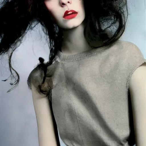 Image similar to beautiful pale brunette with giant soft dreamy eyes. Communist Fashion editorial.