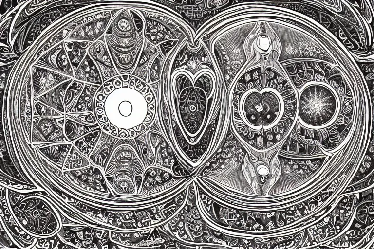 Image similar to an ornate illustration in the styles of mandalas and fractals, the styles of escher and penrose, depicting a weasel staring deep into the heart of the impossible all - and - nothing of the emerging singularity ; / what has god wrought? / he seems to be whispering.