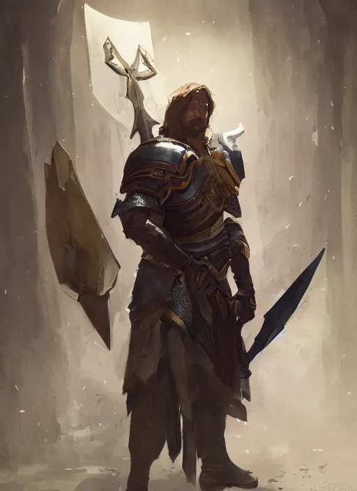 Image similar to portrait of character holding a paladin engraved longsword and carrying a big shield, concept art, by Greg Rutkowski