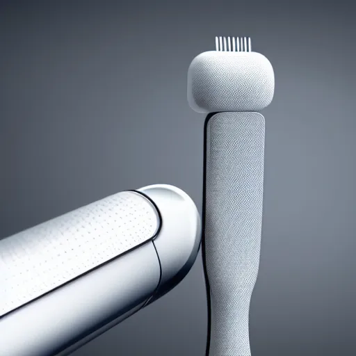 Image similar to concept art for a robotic toothbrush designed by the company apple, silver, 8 k, hd, studio lighting, white background