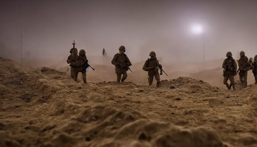 Image similar to ghosts of dead World War 1 soldiers patrolling abandoned trenches, cinematic lighting, IMAX cinematography, 35mm