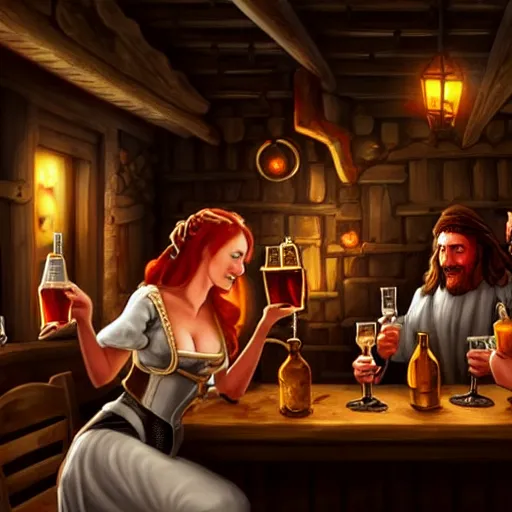 Prompt: medieval tavern with barmaid and patrons drinking, artstation, fantasy