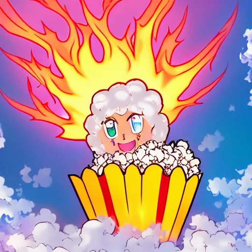 Image similar to fluffy exploding popcorn elemental spirit, in the style of a manga character, with a smiling face and flames for hair, sitting on a lotus flower, white background, clean composition, symmetrical