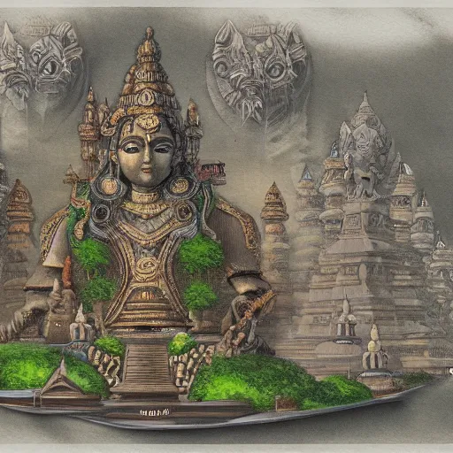 Prompt: hindu influenced architecural painting of a hidden city with a huge statue in the middle, artstation