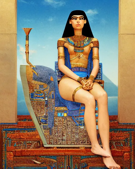 Image similar to portrait of a beautiful female ancient Egyptian goddess sitting on her throne, surrounded by blue lotus flowers. At her feet lies the god Anubis. fantasy, artstation, intricate, highly detailed, hyperrealism, beautiful symmetrical face, photorealistic, golden ratio, rendered in Octane, by James C. Christensen. by Carlos Shwabe