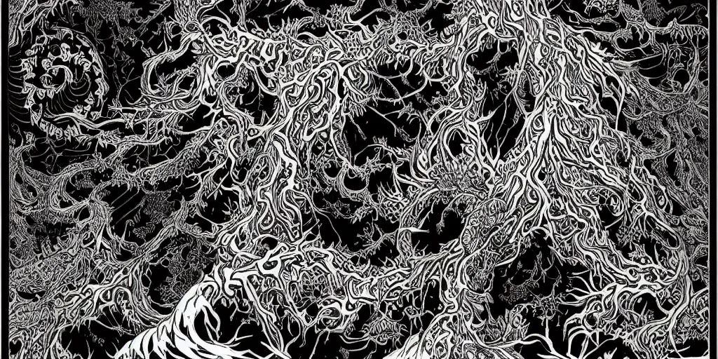 Prompt: black white paper with intricate designs of tyrolean folklore masks ,tarot card ,a mandelbulb fractal dolomites and hay monsters, tyrolean folklore masks, krampus, horns, full of golden layers, roots, by Hokusai and Mike Mignola, trending on artstation,elaborate dark ink illustration