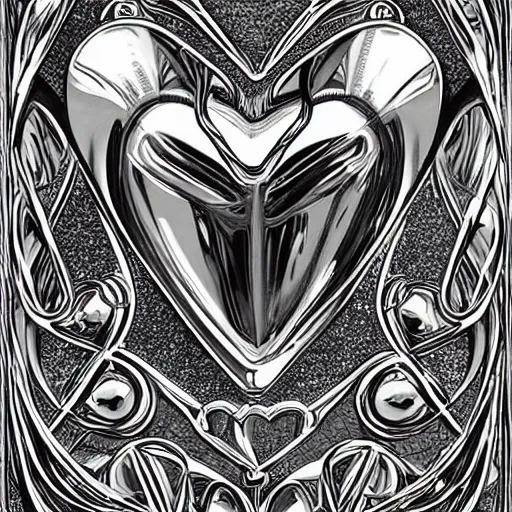 Prompt: a chrome carved heart, intricate artwork, graphic style of Patrick Gleason very coherent symmetrical artwork,
