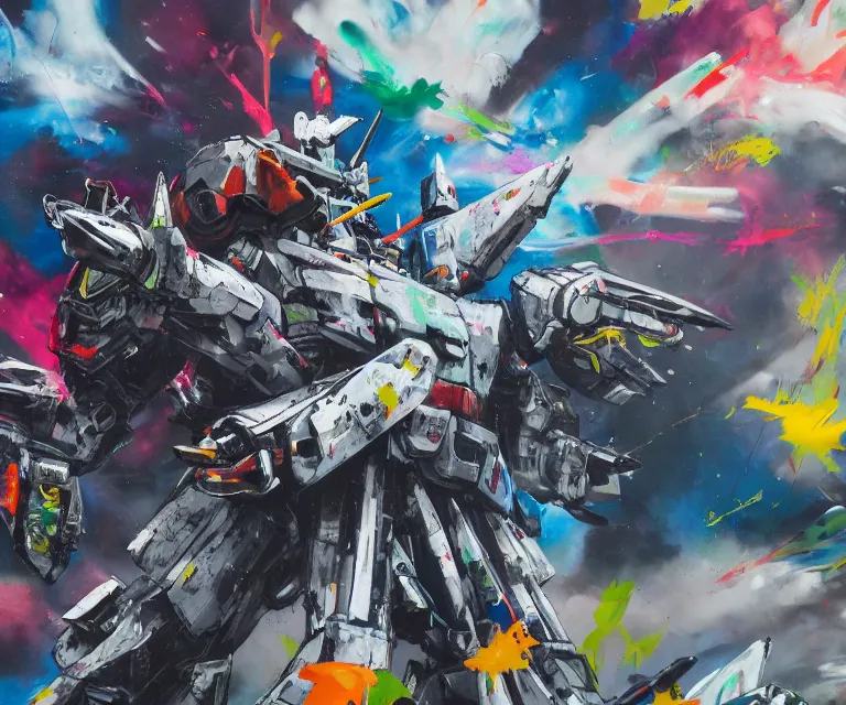 Image similar to acrylic and spraypaint action portrait of giant origami mecha gundam battling in space, explosions, graffiti wildstyle, large brush strokes, painting, paint drips, acrylic, clear shapes, spraypaint, smeared flowers, large triangular shapes, painting by totem 2, jeremy mann, masterpiece