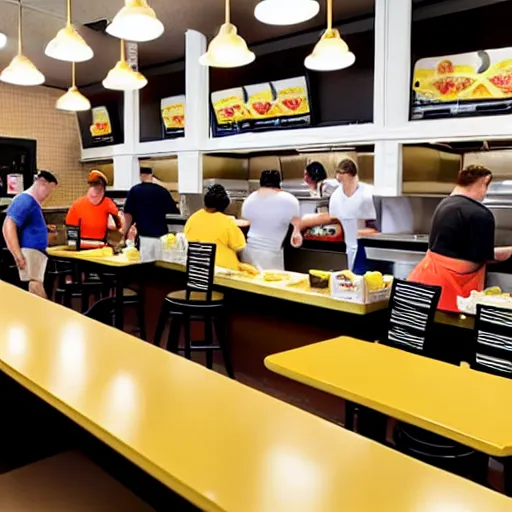 Prompt: busy wafflehouse interior with customers eating breakfast and wafflehouse employees serving food and cooking behind countertop