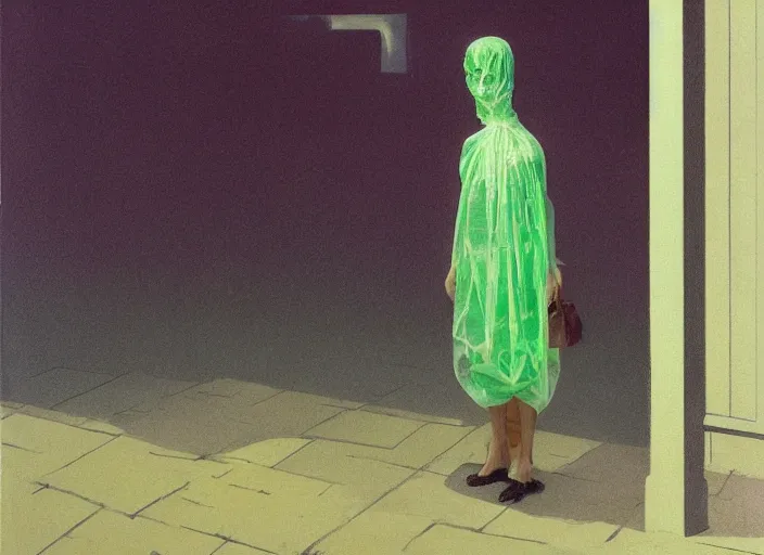 Prompt: woman in a translucent clothing made from green plastic bag with paper bags for clothes standing inside paper bags with paper bag over the head at store display on flooded night street Edward Hopper and James Gilleard, Zdzislaw Beksinski, highly detailed