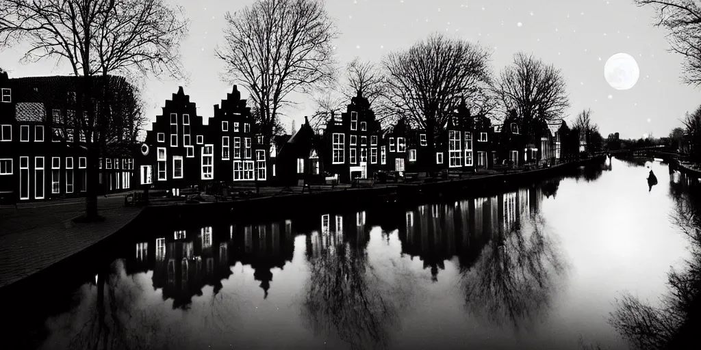 Prompt: Dutch houses along a river, silhouette!!!, Circular white full moon, black sky with stars, lit windows, stars in the sky, b&w!, Reflections on the river, a man is punting, flat!!, Front profile!!!!, (high contrast), HDR, soft!!, street lanterns, 1904, illustration, shadowy figures