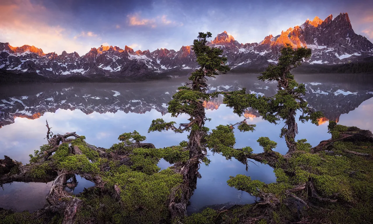 Image similar to landscape photography by marc adamus, dead tree in the foreground, mountains, lake