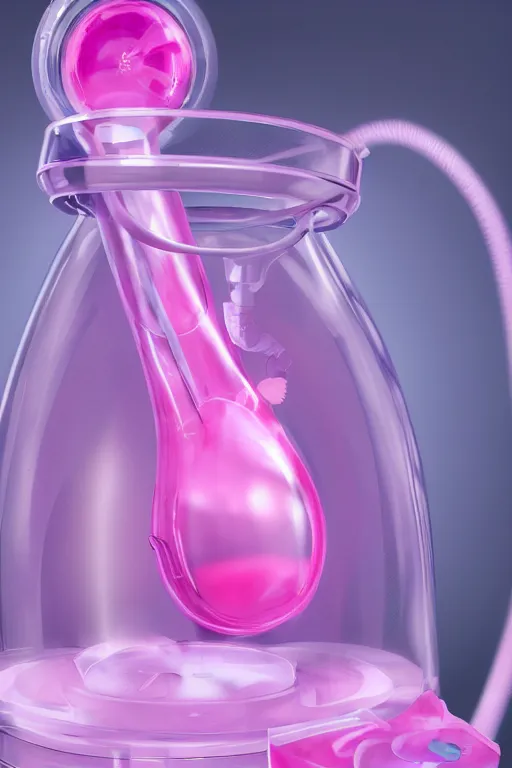 Prompt: Pink Vapor Inhalation Machine in a Medical Laboratory Connected to a Spherical Bottle of Pink Liquid by a Tube, Pink Vapor Leaking from an Oxygen Mask, beautiful woman, fantasy, magic, ultra detailed, digital art, trending on artstation, illustration