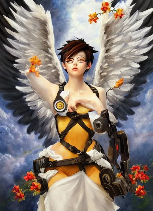 Image similar to full body oil painting of tracer overwatch in the style of sophie anderson, angel wings, white dress, dramatic painting, symmetrical composition, ornate, high detail, gold detailed collar, blooming, lights, flowers,