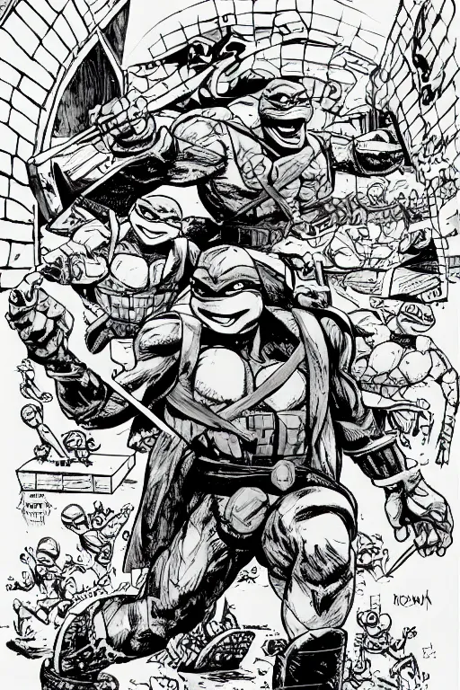 Image similar to ronald reagan as a teenage mutant ninja turtle, full body, pen an ink, comic books style, very detailed, by eric talbot, artstation, pinterest