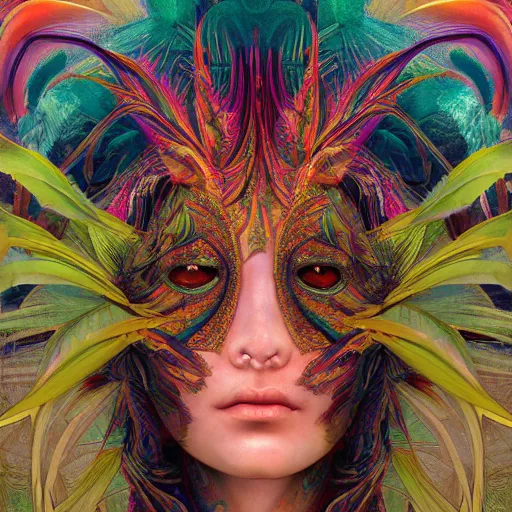 Image similar to A reality bending psychedelic ayahuasca experience, colorful, distorted, surreal, tropical bird feathers, dramatic lighting on the face, intricate, elegant, highly detailed, digital painting, concept art, smooth, sharp focus, illustration, art by Krenz Cushart and Wayne Barlowe and alphonse mucha