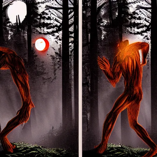 Image similar to man ripping off his skin turning into a werewolf, forest scenery, full moon, illuminated lighting, highly detailed, 4 k