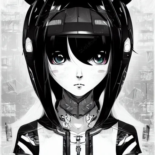 Image similar to vector illustration ink drawing of an anime manga gothic girl portrait with an intricate futuristic urban inspired helmet, hyperrealistic oil painting, by makoto shinkai and ilya kuvshinov and lois van baarle and rossdraws and basquiat, trending on artstation, black and white, chromatic aberration, monochrome color palette, halftone shaded background