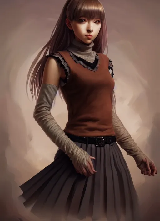 Image similar to portrait of a full body of beautiful young female detective, d & d, sleeveless turtleneck, pleated skirt, fantasy, flat lighting, intricate, highly detailed, digital painting, artstation, concept art, smooth, sharp focus, illustration, misa amane, art by simon bisley and greg rutkowski and alphonse mucha, natural tpose