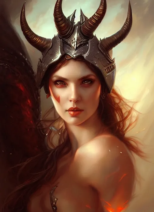 Prompt: a beautiful woman with horns and armor, painted by artgerm and tom bagshaw, fantasy art, dramatic lighting, highly detailed oil painting