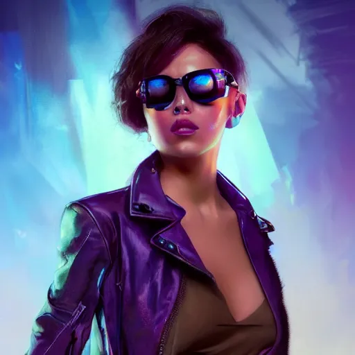 Image similar to very detailed masterpiece closeup painting of a very beautiful young mexican cyberpunk woman with light blue shutter shades, one side haircut, brown hair with light blue ends, purple leather jacket, beauty mark on cheek, portrait, synthwave background, artstation, concept art by greg rutkowski