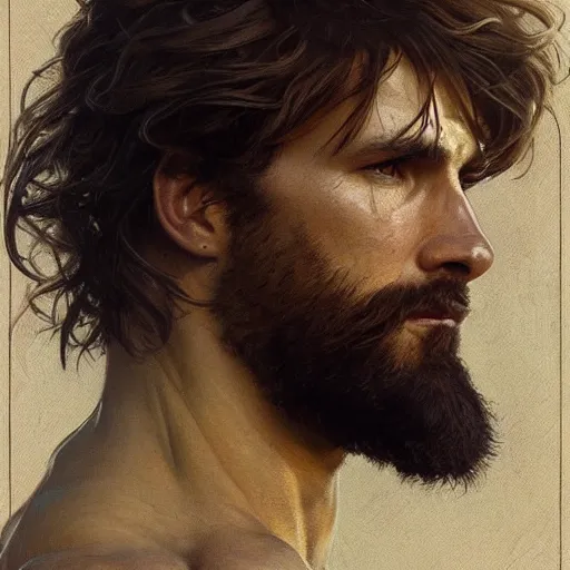 Prompt: portrait of the god of the meadow, 30 years old, rugged, male, gorgeous, detailed face, amazing, hairy torso, muscular, intricate, highly detailed, digital painting, artstation, concept art, sharp focus, illustration, art by greg rutkowski and alphonse mucha