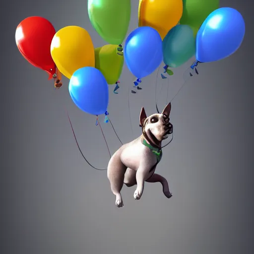 Image similar to puppy flying holding balloons, 8k, fantasy, intricate, cinematic lighting, highly detailed, digital painting, artstation, concept art, smooth, sharp focus, illustration, by Pixar