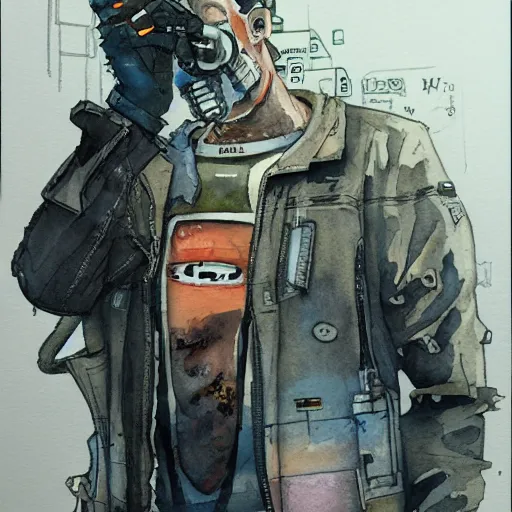 Image similar to watercolor of a cyberpunk mechanic, realistic, detailed, Industrial Scifi, in the style of Ashley Wood and Moebius