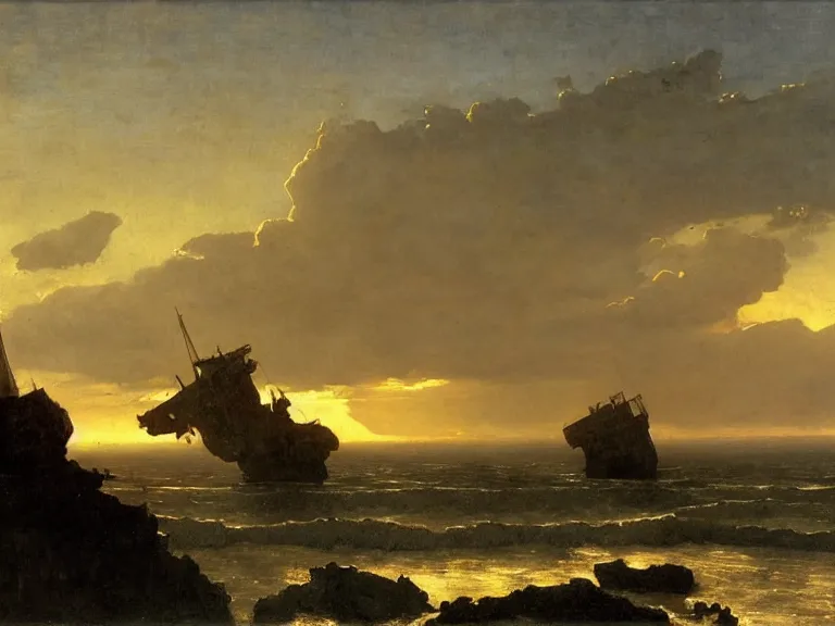 Image similar to an oil painting of a coastline at dawn, with an old shipwreck on a serene beach, beautiful sky by beksinski carl spitzweg and tuomas korpi. baroque elements, full-length view. baroque element. intricate artwork by caravaggio. Trending on artstation. 8k