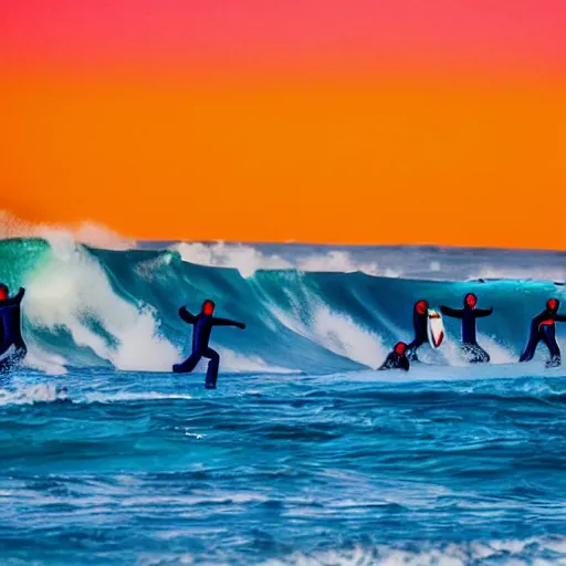 Image similar to worshippers in white robes belonging to the cult of the surfers, surfing in waves, standing on surfboards, surfing in the face of a tsunami, high detailed colors, bright deep blue