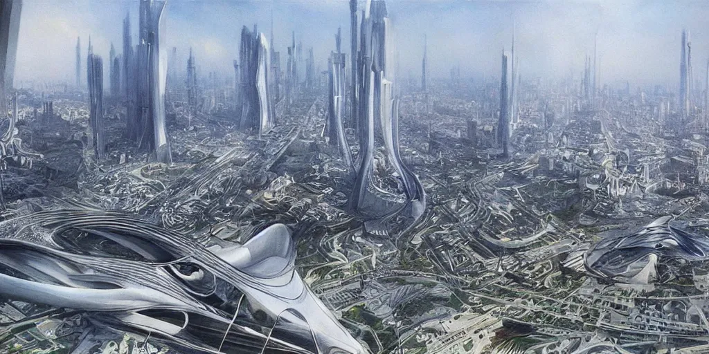 Image similar to a beautiful painting of epic fantasy islamic zaha hadid city by alan lee, trending on artstation