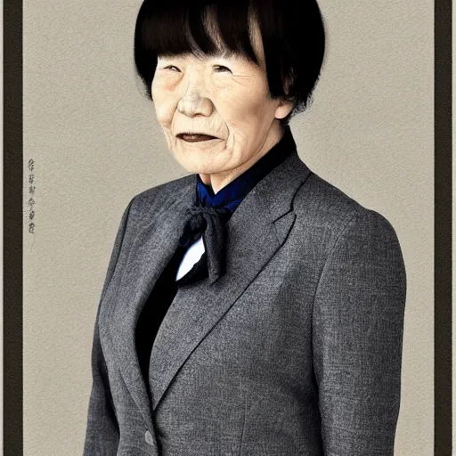 Image similar to portrait of an elderly Japanese woman dressed on a suit and tie, her hair in a tight bun, a serious expression on her face, digital art, elegant pose, detailed illustration