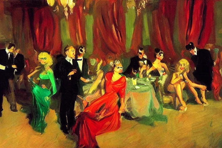 Prompt: glam rockers bacchanals, inside a green room with red lights by joaquin sorolla, extremely detailed