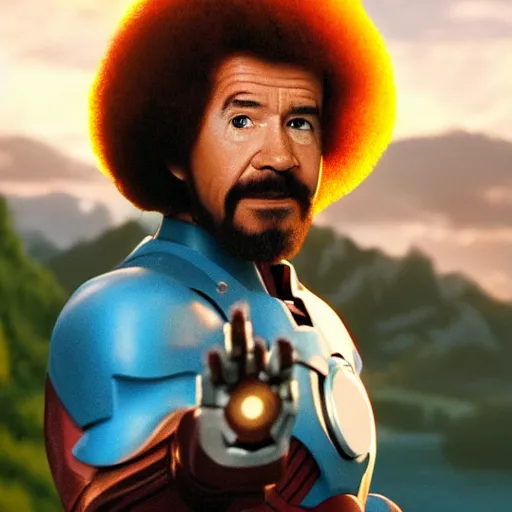 Image similar to a still of Bob Ross as Ironman. Magic Hour. Professional photography, 4K. Mood