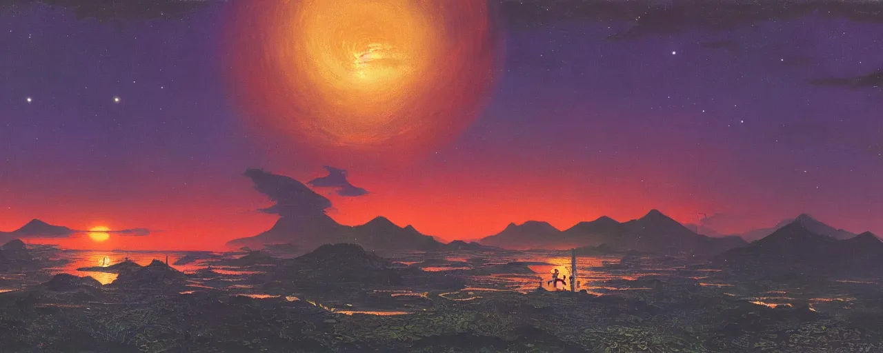 Prompt: awe inspiring bruce pennington landscape, digital art painting of 1 9 6 0 s, japan at night, 4 k, 8 k, detailed