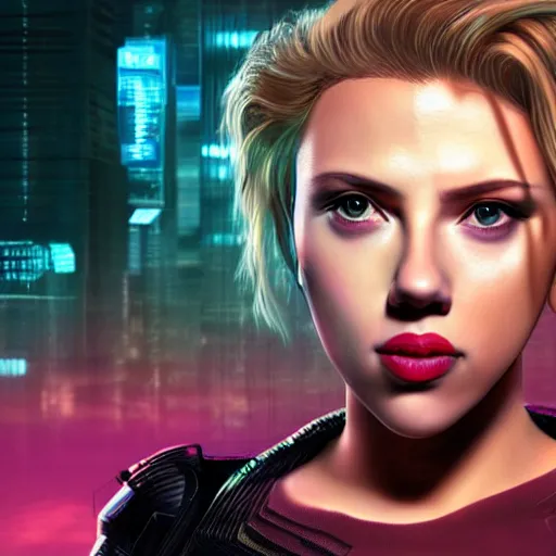 Prompt: Scarlett Johansson as a cyberpunk girl portrait with depth of field inspired by ghost in the shell