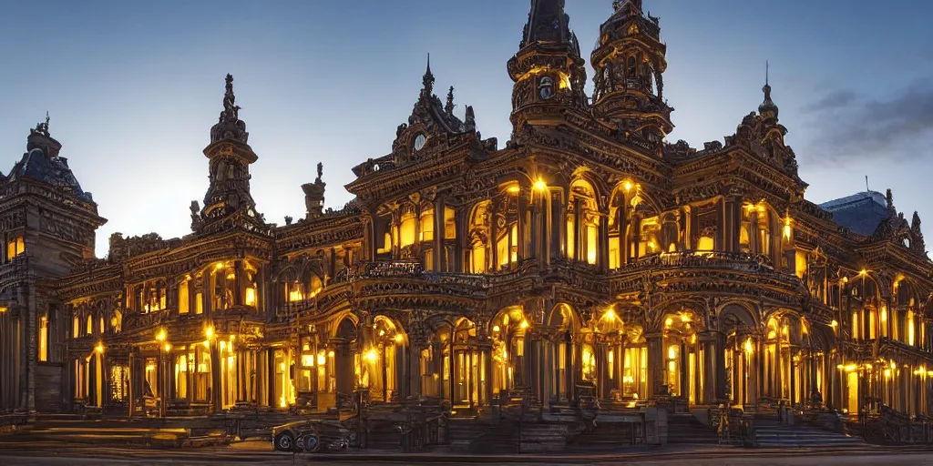 Image similar to extremely detailed ornate stunning sophisticated beautiful elegant victorian museum exterior by Henry Young Darracott Scott and Francis Fowke, stunning volumetric light, stainless steal, concrete, translucent material, beautiful sunset, tail lights