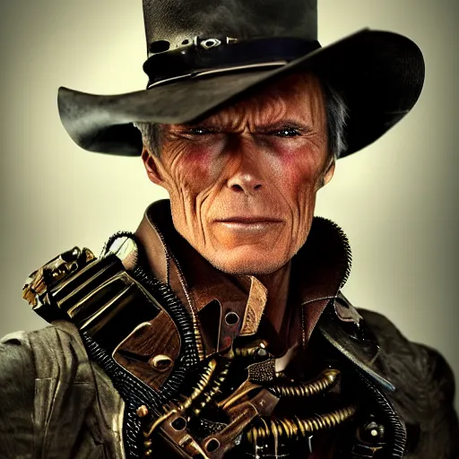 Image similar to clint eastwood steampunk cyborg, fantasy, sharp focus, contemporary fashion shoot, by edward robert hughes, annie leibovitz and steve mccurry, david lazar, jimmy nelsson, extremely detailed, hyperrealistic, perfect face, octane render