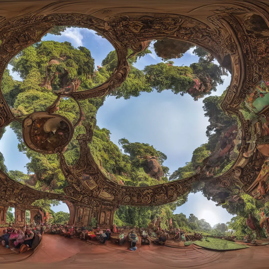 Image similar to elephanta at tea party, fulldome, 3 6 0 degree fisheye dome format, 4 k,