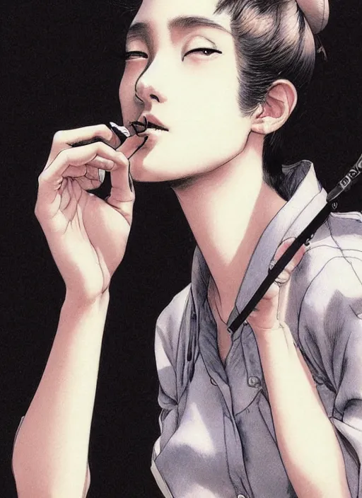 Image similar to portrait of a beautiful girl smoking a cigarette, by takehiko inoue and kim jung gi and hiroya oku, masterpiece illustration, ultrarealistic, perfect hands,