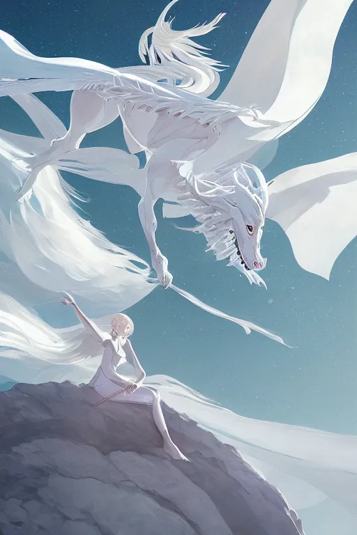 Image similar to vanishing point, white hair eva riding on the white dragon's neck ready to fight, by victo ngai and makoto shinkai, partner, global illumination, radiant light, minimalist, unreal engine 5, concept art ，, digital painting, artstation, smooth, sharp foccus, artstation hq