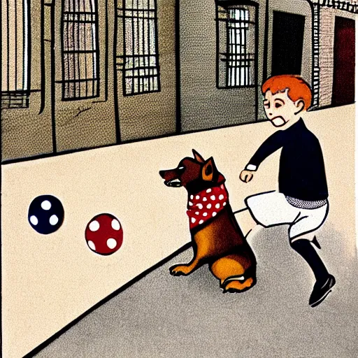 Image similar to book illustration of a french boy on the streets of paris playing football against a corgi, the dog is wearing a polka dot scarf, 1 9 6 6